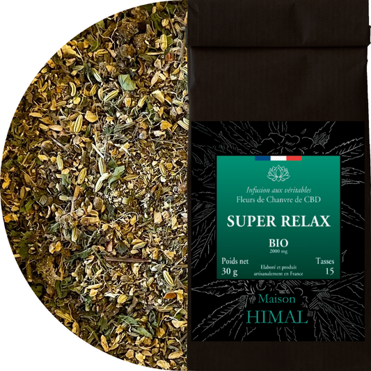Tisane CBD bio Super Relax en vrac, fleurs de chanvre, feuilles vertes en vrac