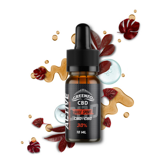 Huile sportive CBD/CBG GREENEO en flacon compte-gouttes noir, 30%, 10 ml