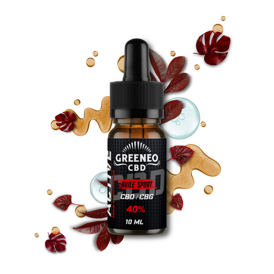 Flacon d’huile sport CBD/CBG 40% avec pipette, étiquette GREENEO, 10 ml.