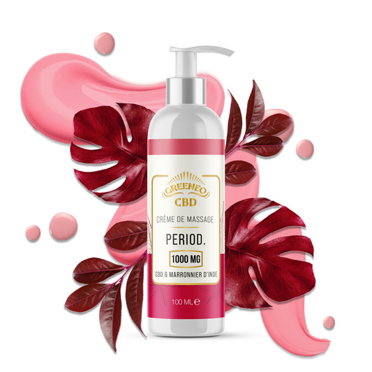 Crème de massage CBD Period GREENEO en flacon blanc, étiquette rose, 1000 mg (100 ml).