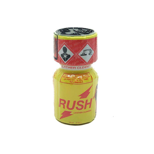 Flacon de nettoyant cuir Popper Rush, étiquette rouge et jaune, bouchon noir.