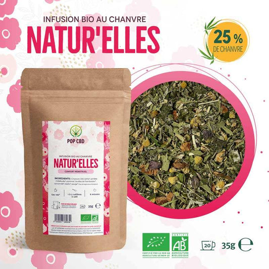 Sachet kraft de tisane CBD bio au chanvre Natur'elles POP CBD, étiquette et herbes