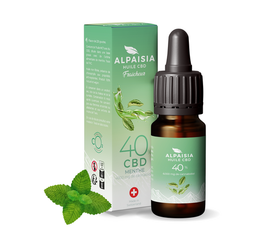 Huile CBD 40% ALPAISIA à la menthe, flacon compte-gouttes et boîte verte