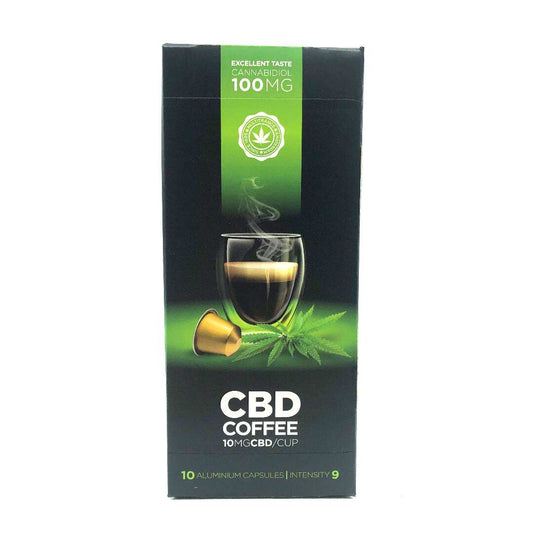 Boîte de capsules de café CBD 100 mg, 10 capsules aluminium, noir et vert