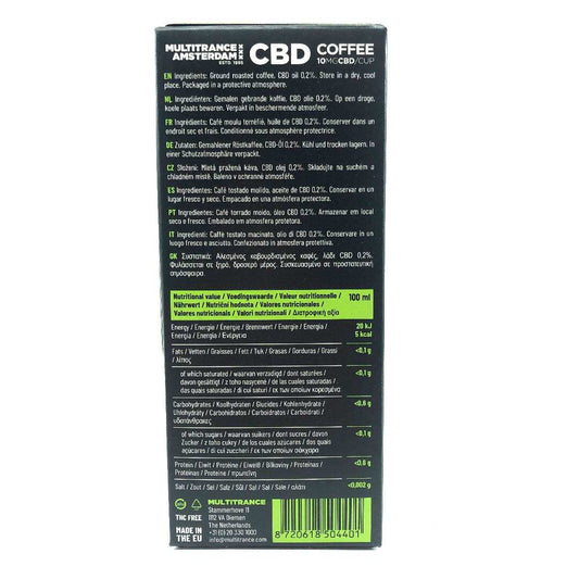 Boîte de capsules de café CBD : face arrière avec ingrédients et informations nutritionnelles