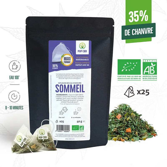 Tisane CBD bio sommeil en sachet, sachet noir avec étiquette violette