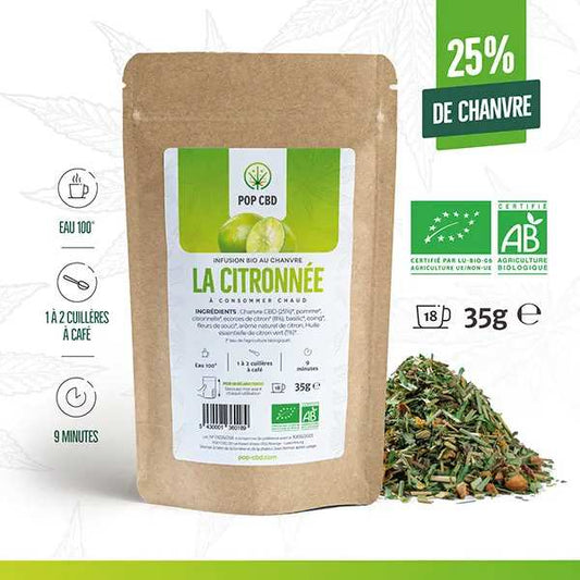 Pochette de tisane CBD bio au chanvre, la citronnée, sachet kraft 35 g