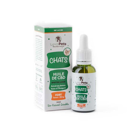 Huile CBD pour chat Lovapets et boîte carton, flacon compte-gouttes vert