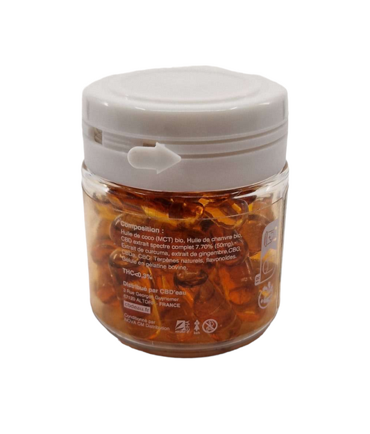 Pot de gélules CBD articulations, capsules ambrées translucides, couvercle blanc
