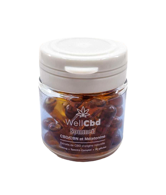 Bocal de gélules CBD WELL CBD avec couvercle blanc et capsules ambrées, logo Wellcbd