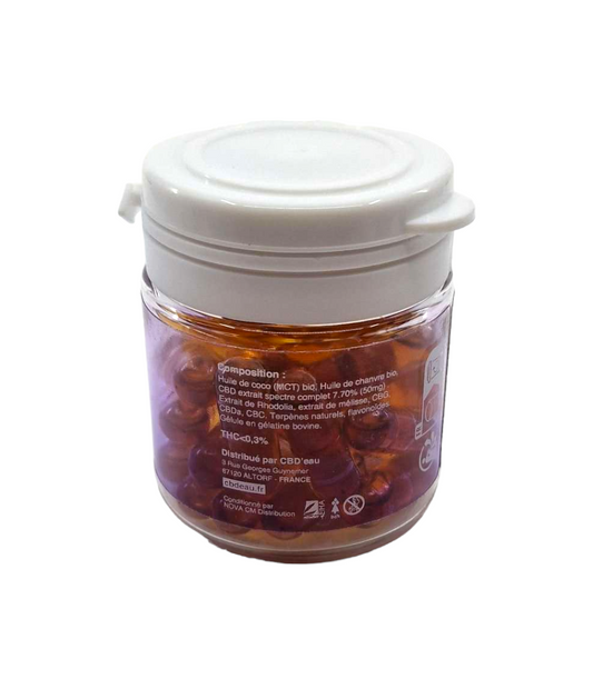 Pot de gélules CBD WELL CBD, couvercle blanc, gélules brunes visibles