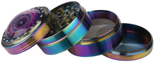 Grinder ZORR en métal arc-en-ciel, plusieurs couvercles ronds empilés, motif coloré.