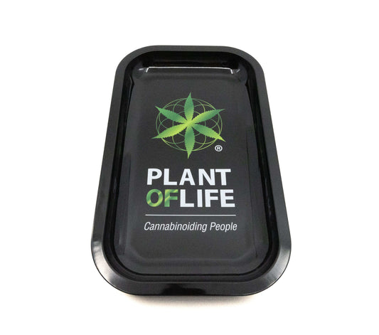 Plateau noir avec logo « Plant of Life » et motif feuille verte au centre