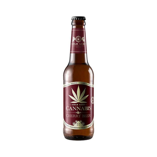 Bière CBD à la cerise en bouteille brune 33 cl, étiquette Gold Leaf Cannabis
