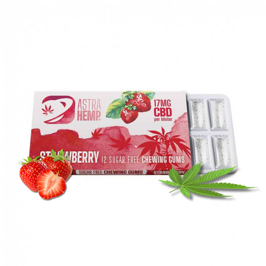 Boîte de chewing-gums CBD à la fraise ASTRA HEMP, avec blisters visibles
