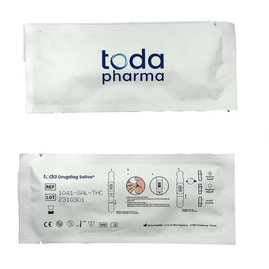 Test salivaire THC TODA PHARMA en sachet, face avec pictogrammes d’utilisation
