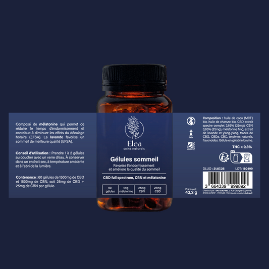 Bouteille de gélules CBD sommeil ELEA avec étiquette bleue et bouchon noir