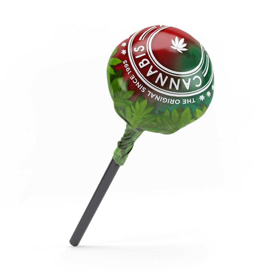 Sucette ronde motifs feuilles cannabis rouge-vert, bâtonnet gris