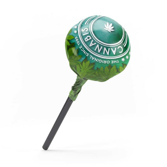Sucette pastèque cannabis verte sur bâton, motif feuilles