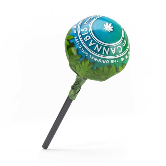 Sucette à tête ronde imprimée cannabis vert et bleu, sur bâton noir torsadé