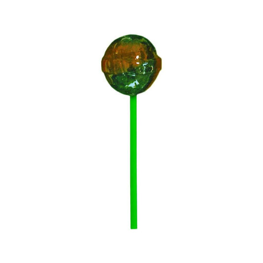 Sucette au cannabis en forme de boule verte, sur bâton vert.