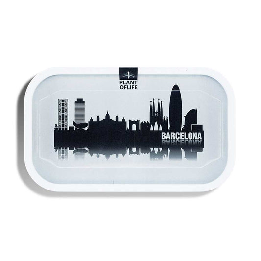Plateau rectangulaire blanc avec silhouette de Barcelone et logo PLANT OF LIFE