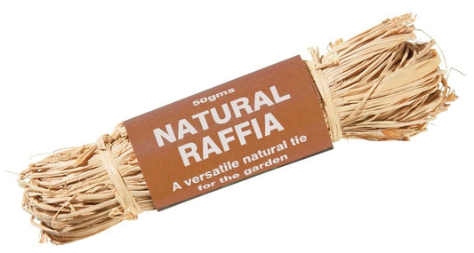 Fagot de raphia naturel 50 g, fibres beiges liées, avec étiquette