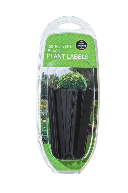 Lot de 50 étiquettes de plantes noires 10 cm, vendues en barquette transparente.
