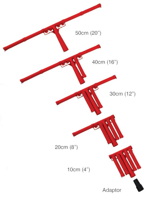Outil de désherbage rouge réglable, longueurs 10–50 cm, avec adaptateur