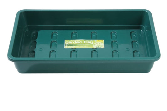 Bac de jardinage rectangulaire turquoise avec alvéoles au fond et étiquette garden crag