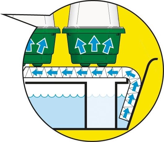 Plateau de semis à arrosage automatique Super 7, schéma des flux d’eau.