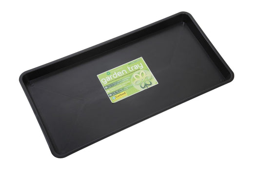 Grand plateau noir rectangulaire avec étiquette Garden Frag, bords relevés