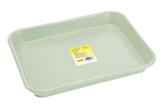 Plateau rectangulaire couleur sauge, bords relevés, étiquette au centre.