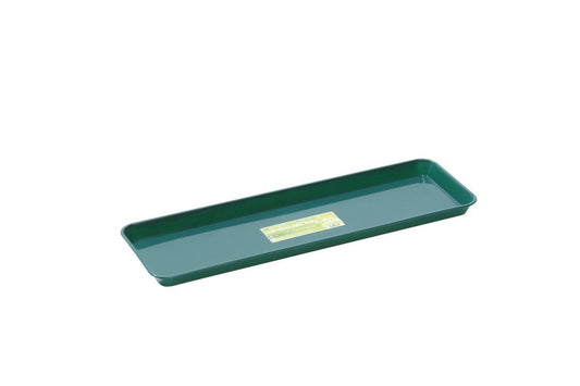 Petit plateau de rebord de fenêtre vert rectangulaire, bords arrondis, avec étiquette