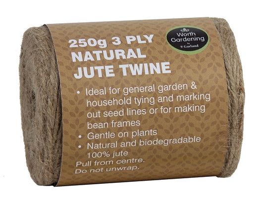 Bobine de ficelle de jute naturelle 3 brins, 250 g, enroulée.