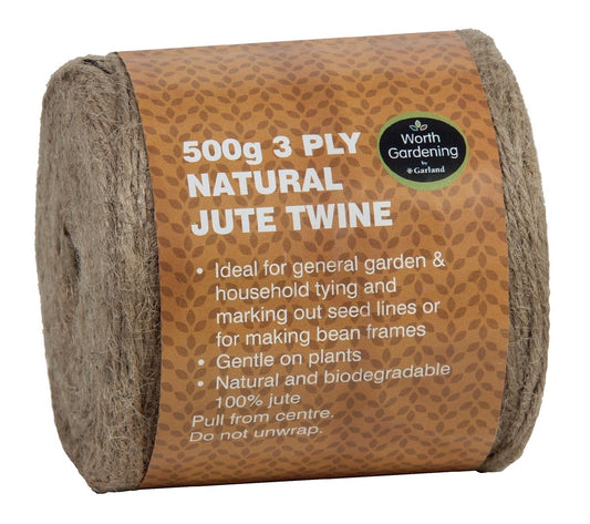 Rouleau de ficelle de jute naturelle 3 brins, étiquette beige.