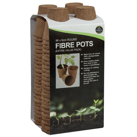 Pack de 96 pots de culture ronds en fibre, 6 cm, sur l’emballage