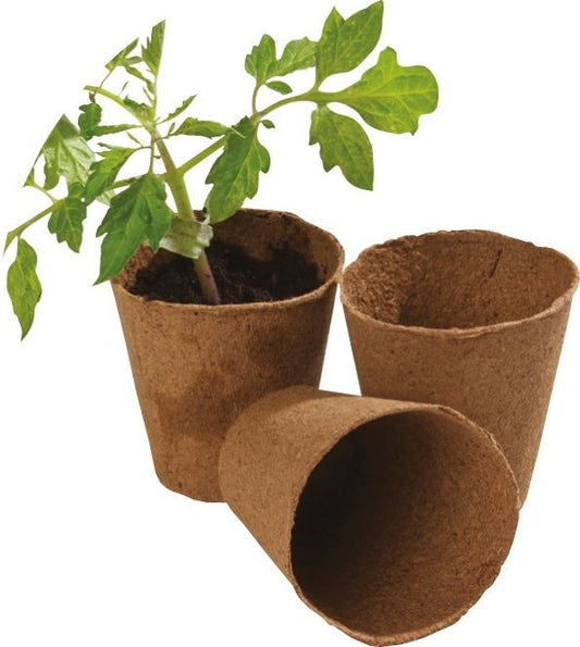 Trois pots ronds en fibre brun, diamètre 8 cm