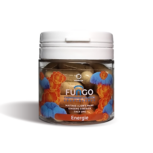 Bocal de gélules FUNGO Énergie NOVALOA, couvercle blanc, étiquette orange et bleue
