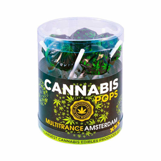 Boîte de sucettes cannabis MULTITRANCE avec étiquette « CANNABIS POPS »