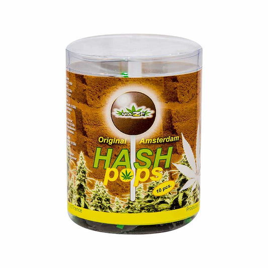 Pot transparent de sucettes au cannabis saveur hash Haze, étiquette Hash Pops