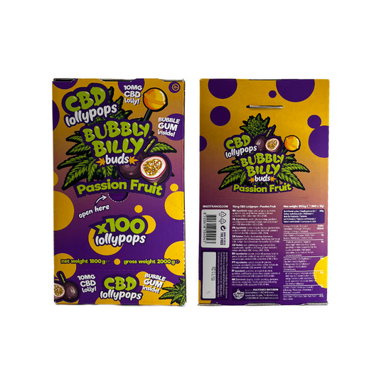 Boîte de sucettes CBD BUBBLY BILLY Passion Fruit, recto-verso, 100 pièces