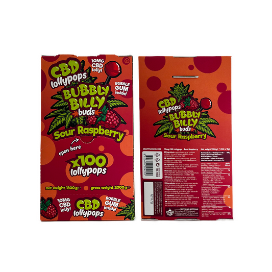 Boîte de sucettes CBD framboise BUBBLY BILLY, emballages rouges recto-verso