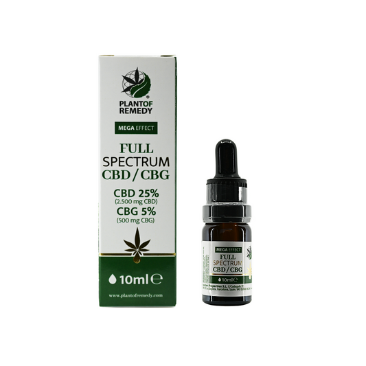Huile CBD/CBG full spectrum Plantof Remedy, flacon ambré avec pipette et boîte 10 ml
