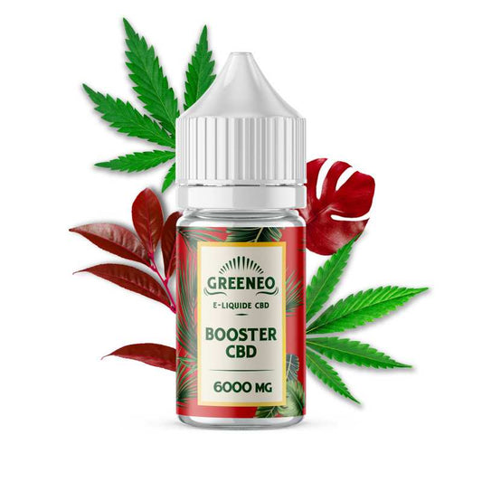 Flacon d’e-liquide CBD Booster 6000 mg GREENEO, flacon transparent et bouchon blanc.