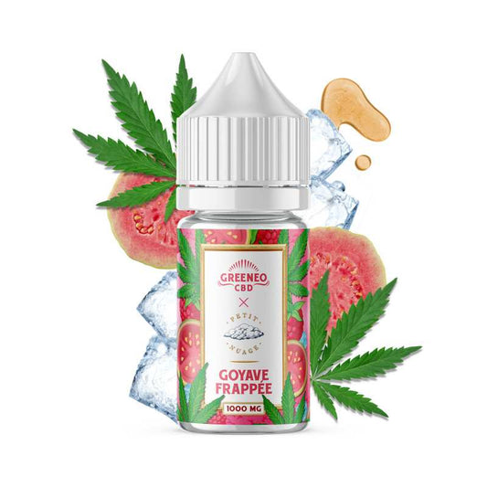 Flacon d’e-liquide CBD goyave frappée, bouchon blanc et étiquette colorée