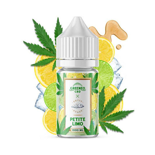 Flacon d’e-liquide CBD Petite Limo GREENEO sans nicotine, vert, décor citron et feuilles