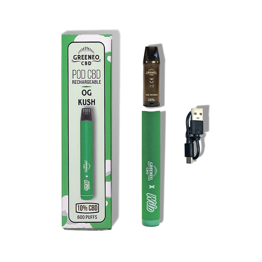 Stylo vape CBD rechargeable GREENEO, cartouche verte, embout noir, avec câble USB
