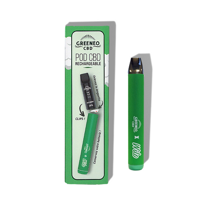 Stylo vape CBD rechargeable GREENEO vert, emballage cartonné blanc et vert