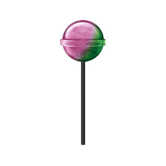 Sucette en forme de boule violette et verte, sur bâton noir